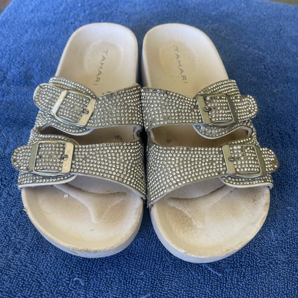 White bedazzled slide sandals toddler girl